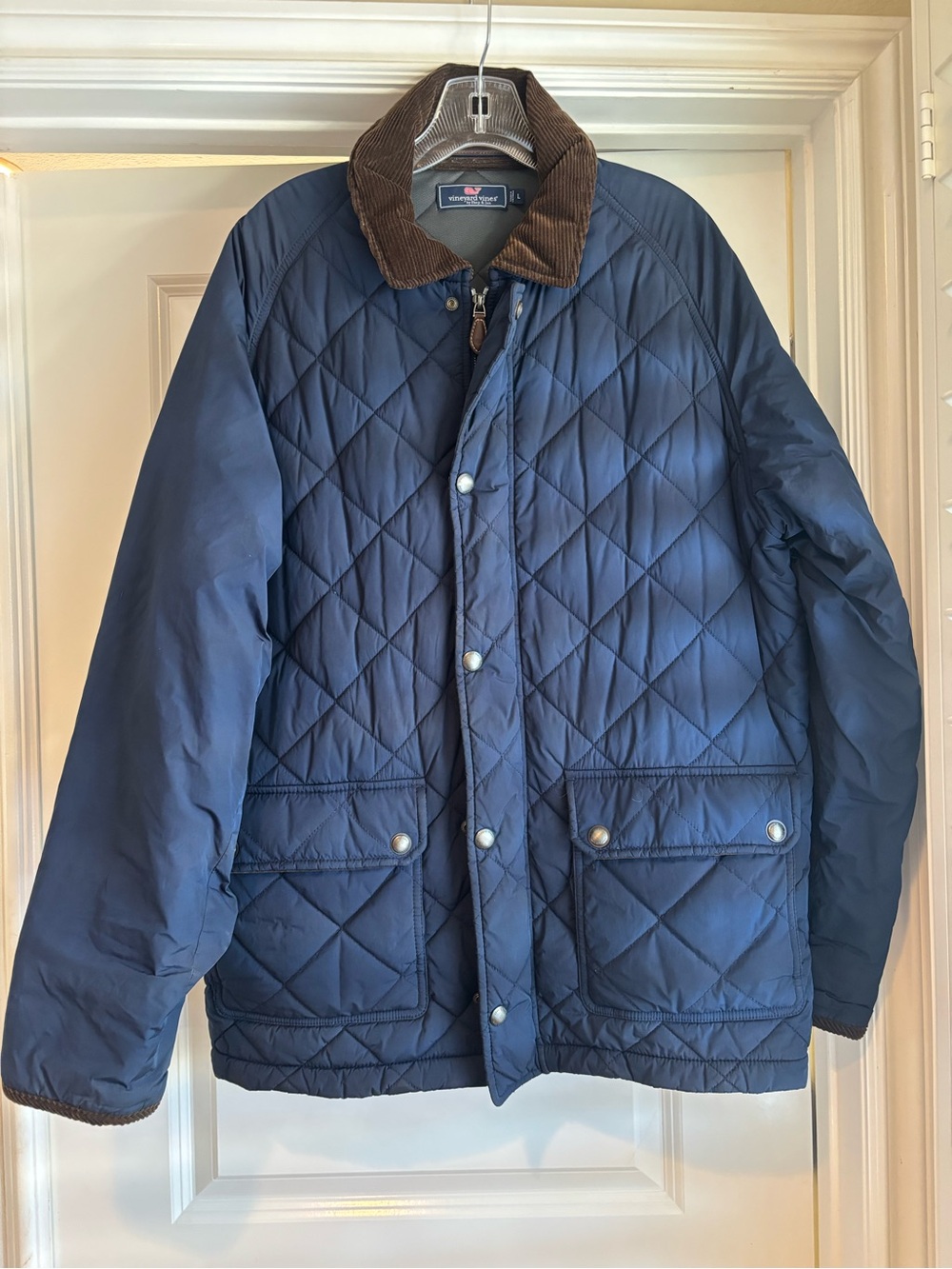 Vineyard Vines Navy Quilted Jacket with Brown Corduroy Collar